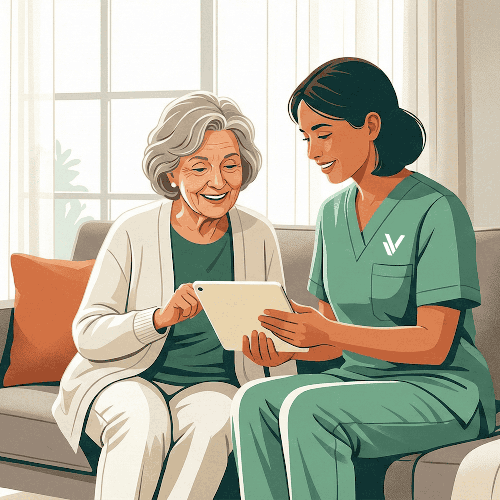 Vivares_betreuung_qua Frau reinigt große Fenster mit Wischmopp in modernem Zuhause.