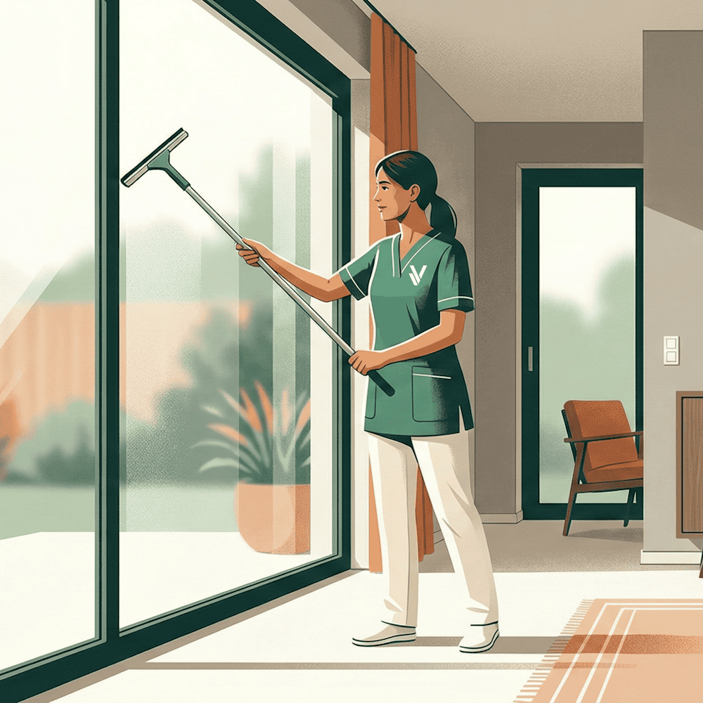 Reinigungskraft bei Alltagshilfe und Betreuung Frau reinigt große Fenster mit Wischmopp in modernem Zuhause.