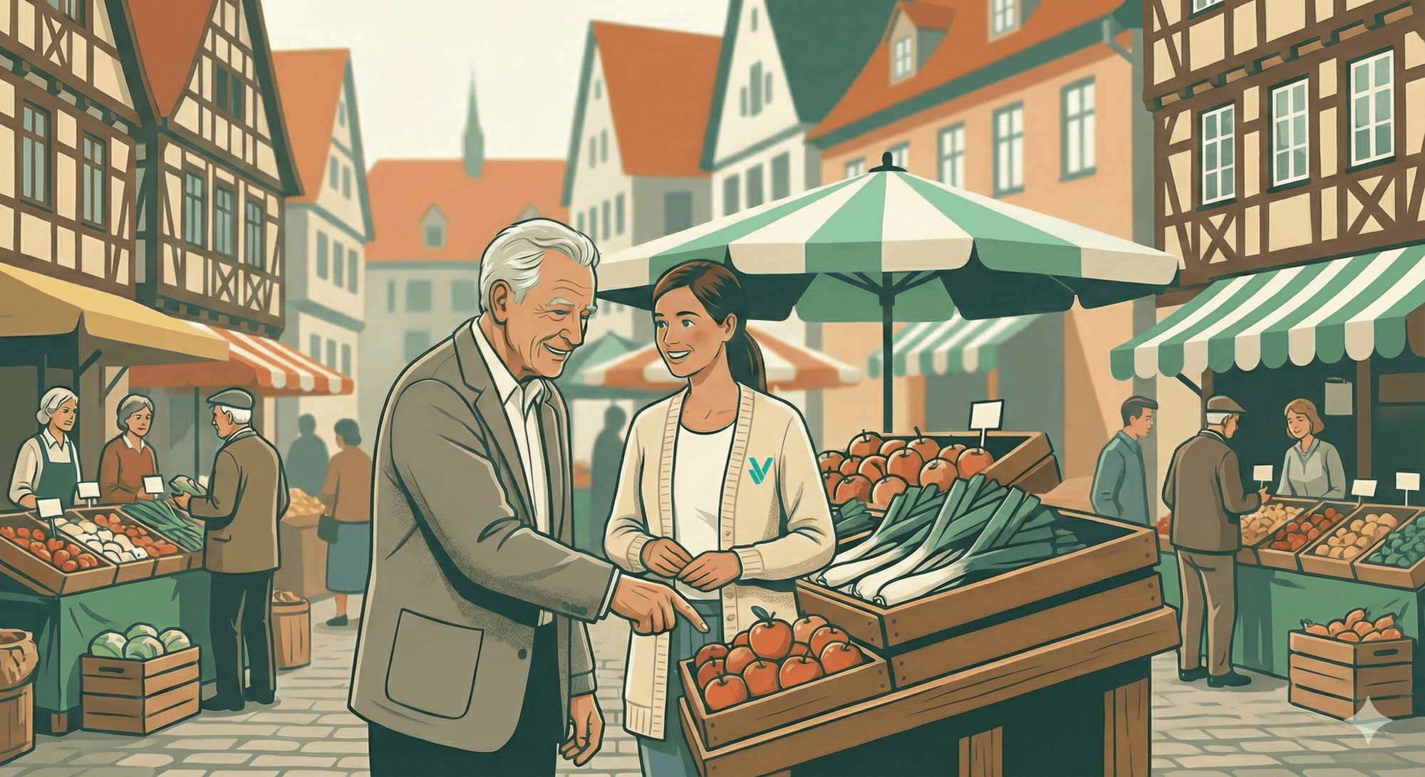 Obstverkauf auf dem Markt Älterer Mann kauft frisches Obst bei Verkäuferin auf dem Markt.