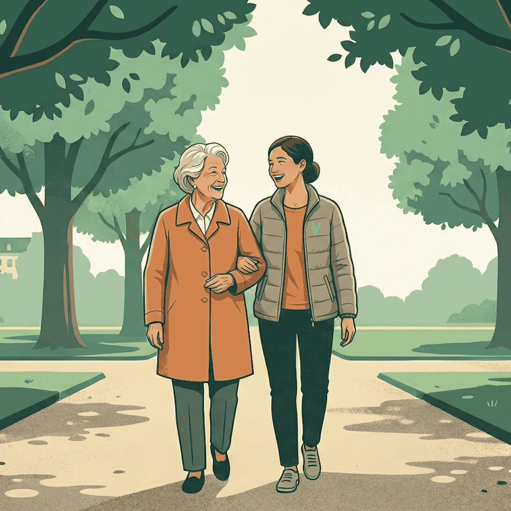 Alte Dame und Betreuerin beim Spaziergang im Park, freundliche Begleitung für Senioren.